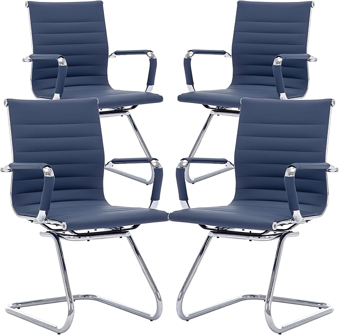 Office Desk Chair No Wheels Set of 4 PU Leather Computer Chairs Mid Back Guest Chairs for School Reception Conference Waiting Room, Navy Blue-DeskLoop Office