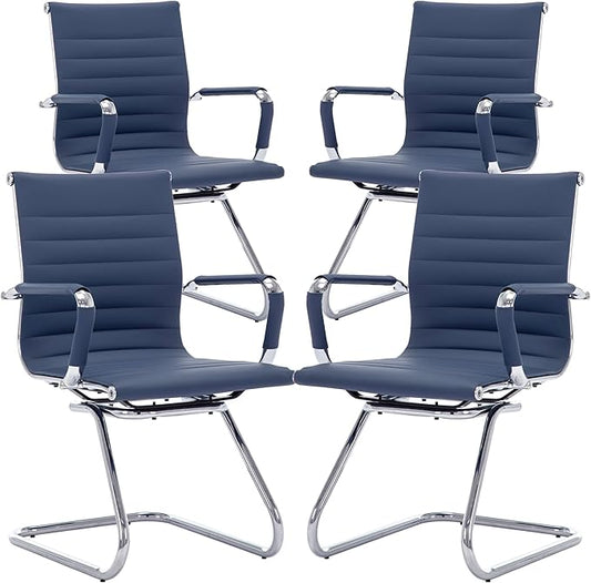 Office Desk Chair No Wheels Set of 4 PU Leather Computer Chairs Mid Back Guest Chairs for School Reception Conference Waiting Room, Navy Blue-DeskLoop Office