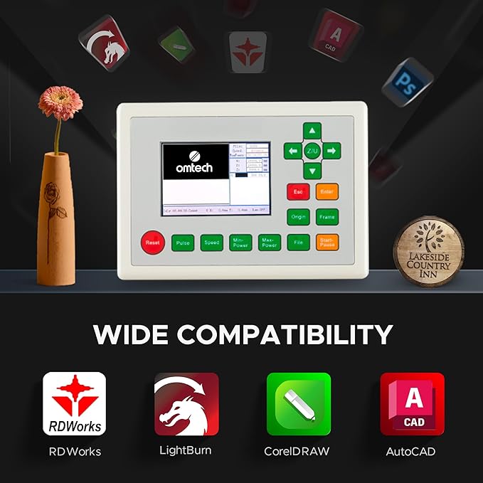 OMTech 90W CO2 Laser Engraver with Water Chiller, 28"x20" Cutting & Engraving Machine with Autofocus, Air Assist, 4-Way Pass, Autolift, RDWorks, for Wood, Glass, Acrylic & More-DeskLoop Office