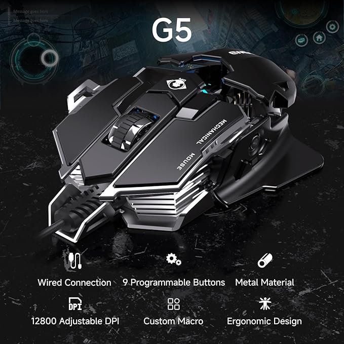 EWEADN G5 Wired Gaming Mouse, Ergonomic RGB Computer Mouse, 12800 Adjustable DPI, 9 Programmable Macro Buttons with Rapid Fire Key Compatible for PC/Laptop/Windows-Black&White-DeskLoop Office