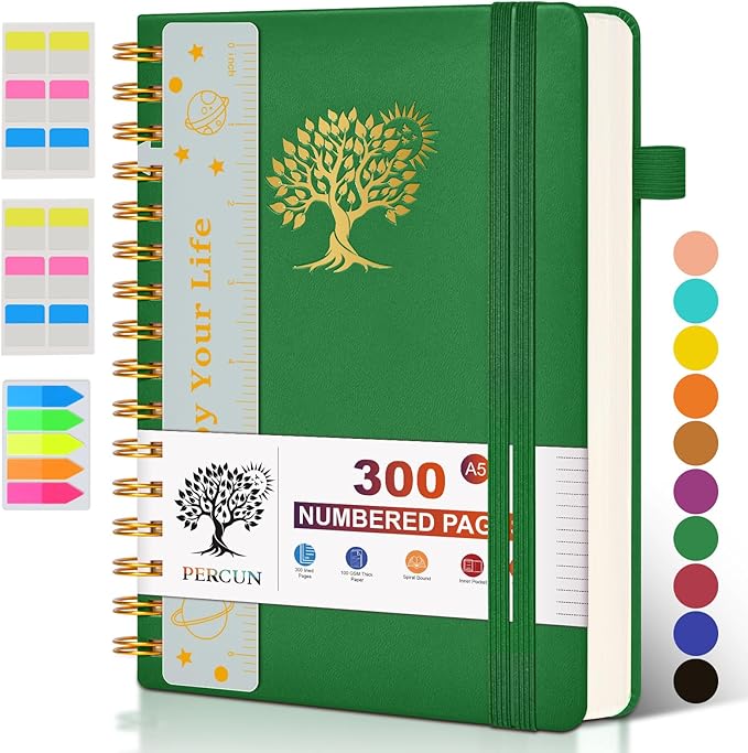 Spiral Notebook Journal for Women Men, 300 Numbered Lined Pages, College Ruled, A5 Hardcover Spiral Bound Notebook for School, Work, Note Taking Writing, Leather Spiral Journal Medium 5.9"x8.5"-DeskLoop Office