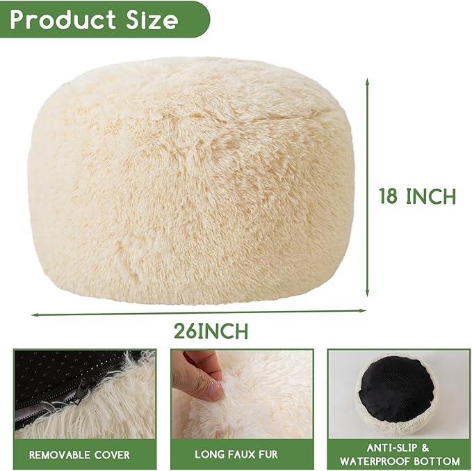 HIGOGOGO Round Stuffed Pouf Ottoman, Long Faux Fur Poufs with Foam Chunk Filling, Fluffy and Furry Pouf Foot Stool Storage Ottoman, 26 X 18 Floor Poufs Foot Rest for Living Room, White-DeskLoop Office