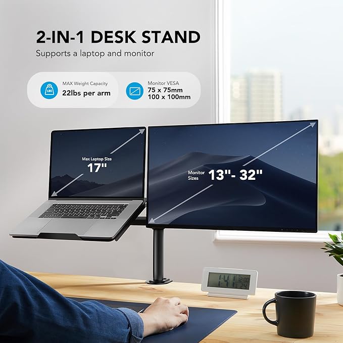 HUANUO Adjustable Monitor Stand, Single Arm Desk Mount for 32 inch Screen and 17 inch Laptop, Heavy Duty Ergonomic Bracket Holds 22lbs-DeskLoop Office