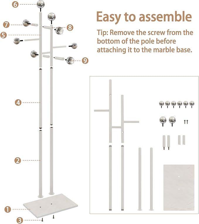 Free Standing Coat Rack with Marble Base & 8 Steel Hooks Clothes Rack for Entryway Bedroom Living Room Hotel 14.96 x 10.24 x 68.9 Inches (White)-DeskLoop Office