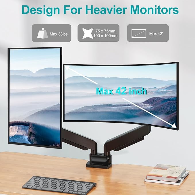 MOUNT PRO Dual Monitor Stand for Max 43 Inch Ultrawide Computer Screen, Premium Aluminum Heavy Duty Monitor Arm Holds 6.6lbs to 33lbs, Gas Spring Full Motion Display Desk Stand, VESA Mount-DeskLoop Office