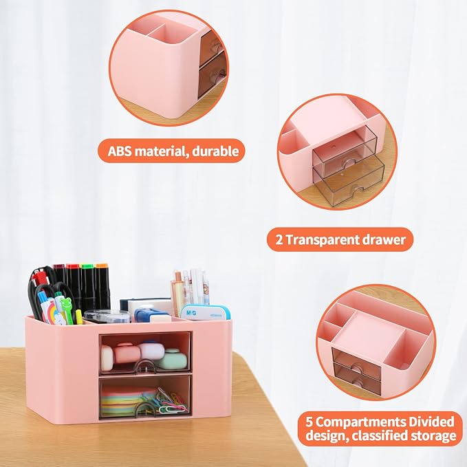 Desk Organizer with 2 Drawer, Plastic Desktop Pen Pencil Card Holder Storage Box - Image 6