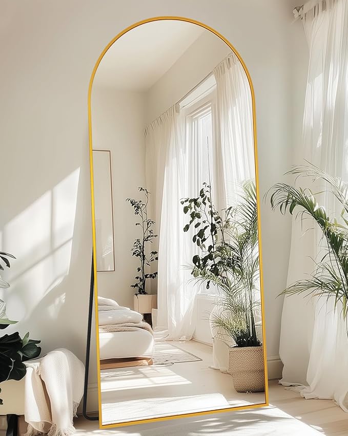 Full-Length Floor Mirror with Stand, 71"x28" Arched Style Full Body Standing Mirror for Bedroom, Living Room, Gym, Dorm - Shatter-Resistant & Easy Assembly, Gold-DeskLoop Office