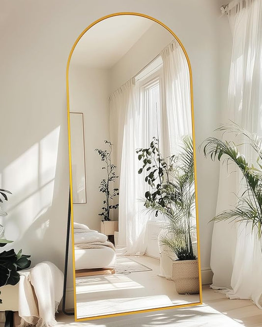 Full-Length Floor Mirror with Stand, 71"x28" Arched Style Full Body Standing Mirror for Bedroom, Living Room, Gym, Dorm - Shatter-Resistant & Easy Assembly, Gold-DeskLoop Office