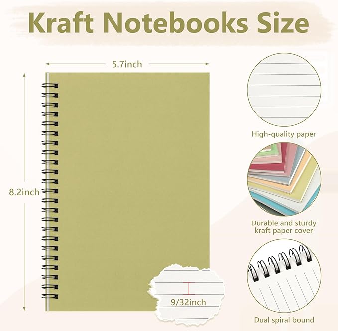 Fuutreo 12 Pcs Spiral Notebook for Work A5 8.3 x 5.7 Inch College Ruled Spiral Journal Notebook Kraft Cover Ruled Paper, 12 Color, 60 Sheets, 120 Pages for Office School (Jewel Color)-DeskLoop Office