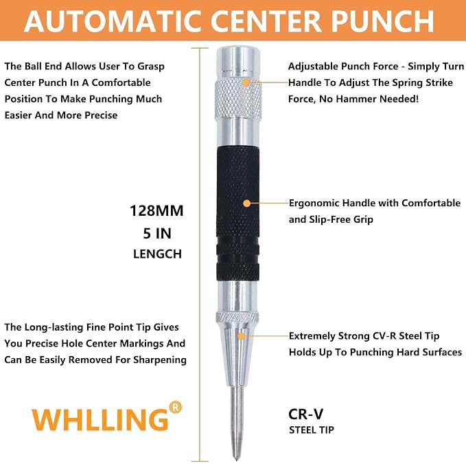 2-Piece Automatic Center Punch, 5 inch Spring Loaded Center Hole Punch - Image 3
