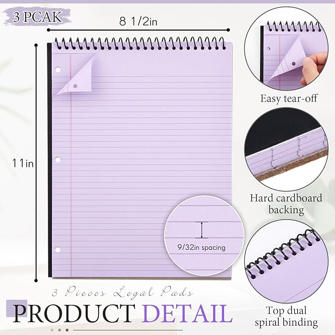 3 Packs 8.5" x 11" Top Spiral Notebook with 3 Hole Punched Legal Pads College Ruled Notepad 50 Sheets Hard Cardboard Paper Wirebound Notepad for Office School Business (Purple)-DeskLoop Office
