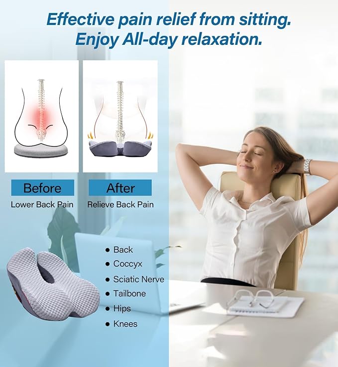 Seat Cushion for Tailbone Pain Relief X-Large ,Ergonomic Office Chair Cushions for Butt Hip Lower Back & Sciatica Pain Relief Pillow,Pressure Relief Seat Cushion for Long Sitting, Car & Plane（Blue)-DeskLoop Office