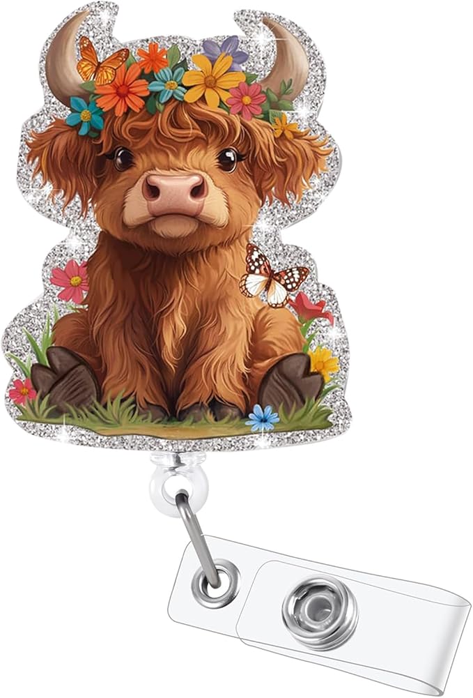 Funny Badge Reel, Cute Highland Cow Retractable ID Card Badge Holder, Name Tag by BEZTN
