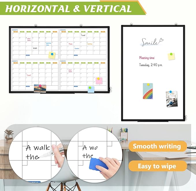 36" x 24" Magnetic Dry Erase Calendar Whiteboard, 4 Month Calendar White Board Planner, Black Aluminum Frame Wall Mounted Board for Office Home and School-DeskLoop Office