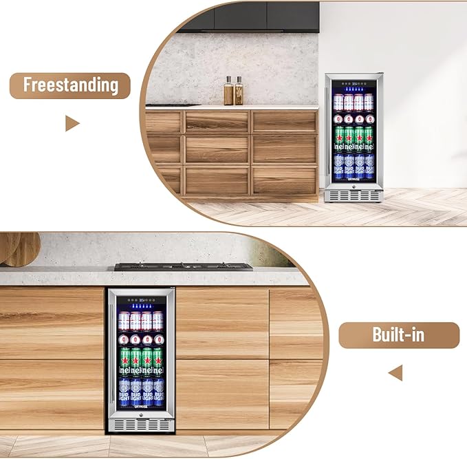 15 Inch Beverage Refrigerator, 130 Can Capacity Under Counter Fridge with Lock & Glass Door, Quiet Built-in or Freestanding Beer Cooler, Powerful Compressor for Fast Cooling-DeskLoop Office