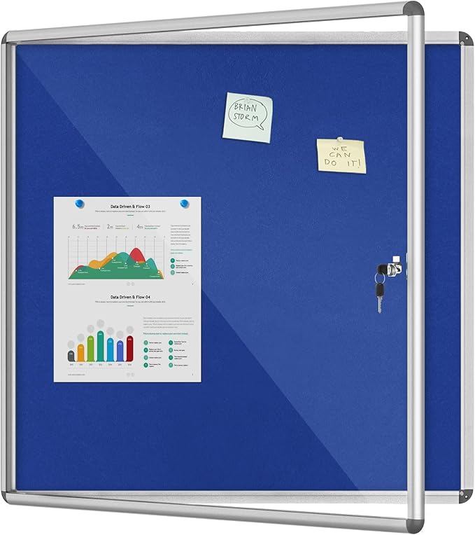 38"x38" Enclosed Bulletin Board, Lockable Weather-Resistant Aluminum Cork Noticeboard for School & Office, Silver Frame w/Blue Flet-DeskLoop Office