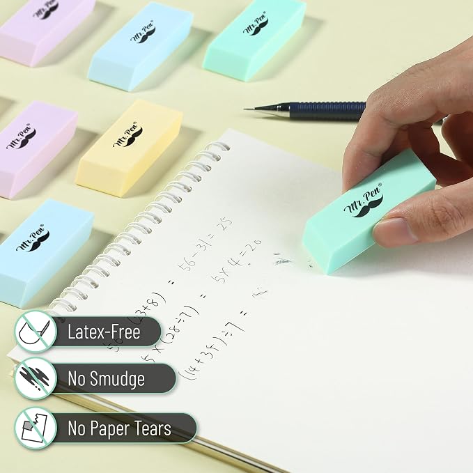 Mr. Pen- Pencil Eraser, 12 Pack, Pastel Colors | Large Latex Free Block Erasers - Image 4