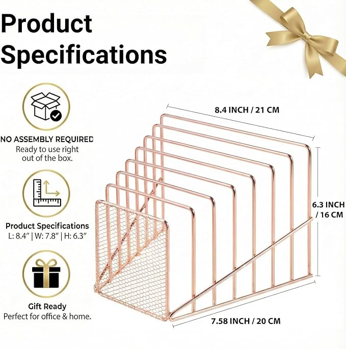 Rose Gold Desk Organizer 7 Slot Inclined Vertical File Folder Holder Sorter - Image 6