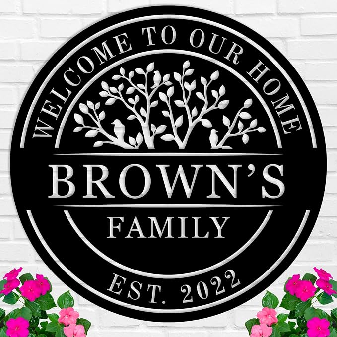 Welcome to Our Home Metal Sign, Personalized Family Name Tree of Life Sign by HRZSIGNFC