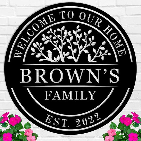 Welcome to Our Home Metal Sign, Personalized Family Name Tree of Life Sign by HRZSIGNFC