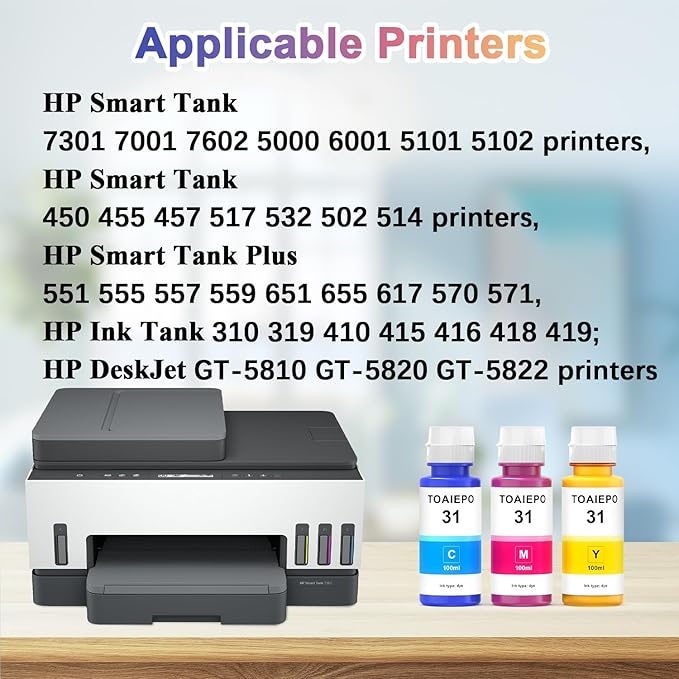 31 Refill Ink Bottles Replacement for H31 Ink Compatible with HP Smart Tank 7602 Ink Refill,Work for HP Smart Tank 5101 7001 7301 Ink Tank Printer-DeskLoop Office