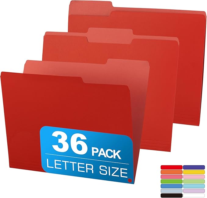 Two-Tone File Folder 8.5 x 11 Inch, 36 Pack Red File Folders, 1/3 Cut Tabs File by Unknown
