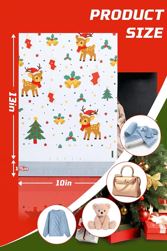 10x13 Inches Christmas Poly Mailers 25 Pcs Waterproof Self-Sealing Holiday - Image 2