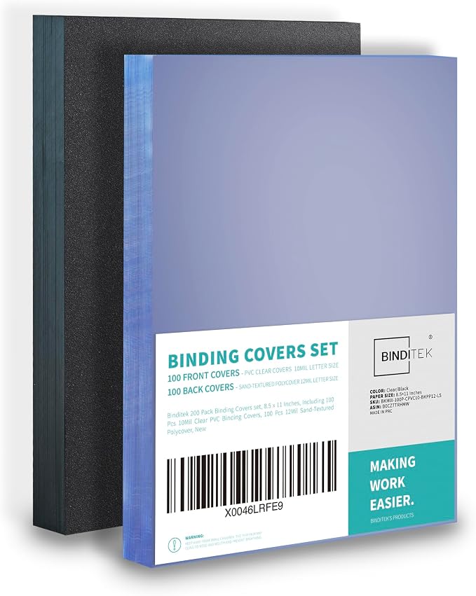 Binditek 200 Pack Binding Covers and Backs Set, 8.5 x 11 Inches, 100 Clear PVC by Binditek