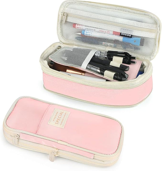 Pencil Case, Large Capacity Aesthetic Pencil Cases with Durable Zipper, Big Stationery Pencil Pouch for Women & Men, Adults Portable Storage Organizer Bag for College, office, Travel (Pink)-DeskLoop Office