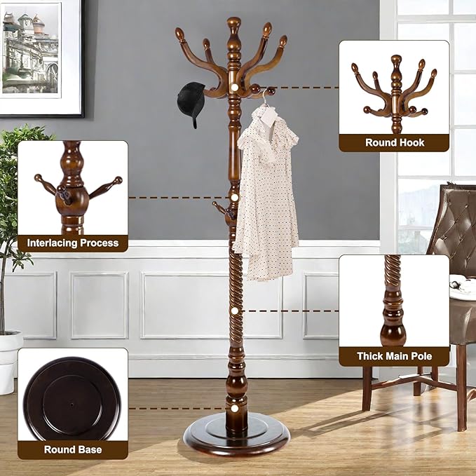 Solid Wood Coat Stand, Freestanding with Stable Base, 70" Birch Coat Tree Organizer for Home, Bedroom, Office, Hallway & Entryway with 11 Hooks-DeskLoop Office