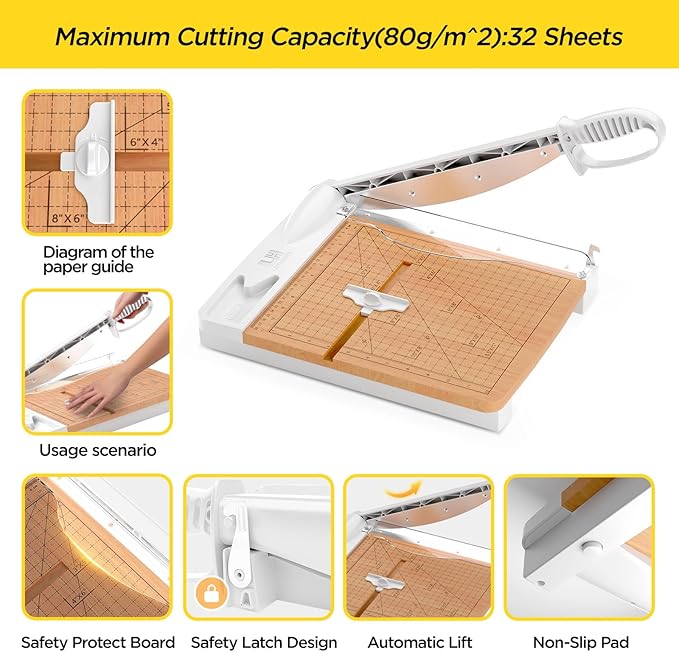 12 Inch Wood Guillotine Paper Cutter, Heavy Duty Wood Base Paper Trimmer with 32 Sheets Paper Cutting Board for Classroom, Crafting, Cardstock, Art Projects (White)-DeskLoop Office