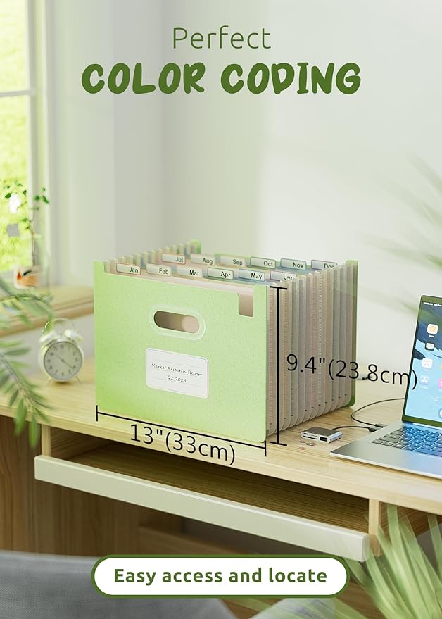 Accordion File Organizer, 12 Pockets Wheat Straw Expanding File Folders, Upright & Open Top, Monthly Bill Receipt Organizer, 100% BPA Free, Return to Nature, Healthy Living, Letter/A4 Size-Mint Green-DeskLoop Office