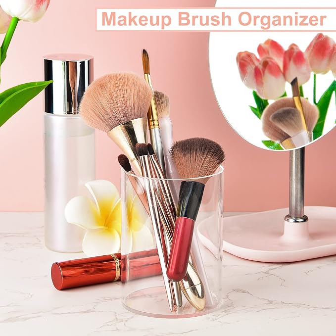 Mototo 2 Pieces Clear Acrylic Pen Holder Round & Pencil Cup Clear Makeup Bush - Image 6
