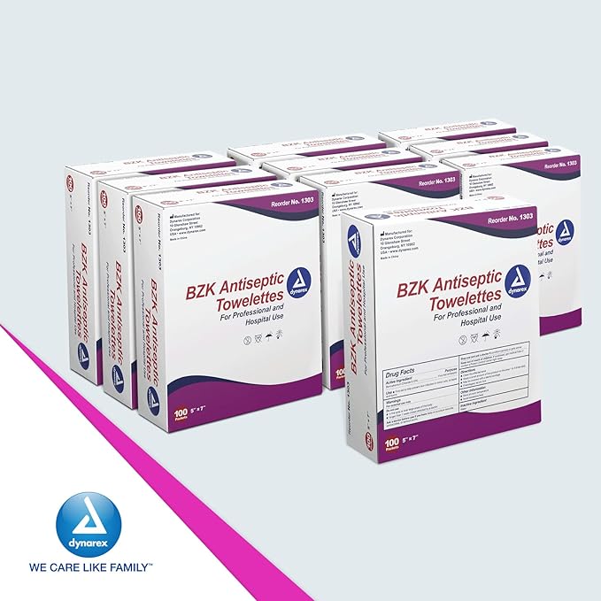 Dynarex BZK Antiseptic Towelettes, 5" x 7", Disposable and Premoistened, Individually Wrapped, 1 Case | 10 Boxes of 100 Dynarex BZK Antiseptic Towelettes (Packaging May Vary)-DeskLoop Office