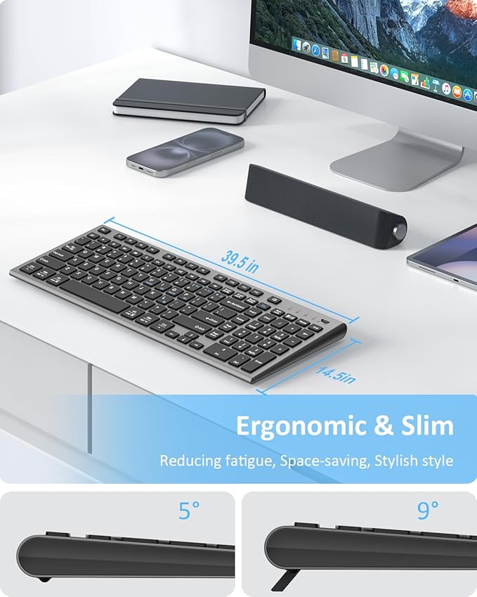 FENIFOX Wireless Keyboard, Bluetooth + USB Ergonomic Silent Quiet Rechargeable with Number Pad Compact Full Size Multi Device Keyboards for iPad Tablet Mac Computer Surface PC MacBook Laptop Blcak-DeskLoop Office