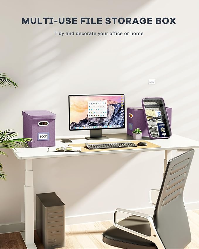 Oterri File Organizer with Lid, Hanging Filing Box with Mesh Pocket, Document Organizer for Letter Files, Portable Storage Box for Office & Home (1 PCS, Taro Purple)-DeskLoop Office