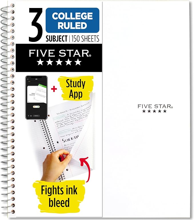 Five Star Spiral Notebook + Study App, 3 Subject, College Ruled Paper, 8-1/2" x by FiveStar