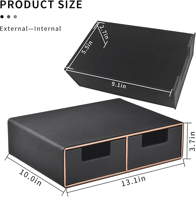 Linen Leather Desk Organizer and monitor stand with Drawers－Mini Desktop Drawer Organizer Stackable－Tabletop Organization Storage Box for Office Supplies Home Vanity Toiletries (Black, 2-drawers)-DeskLoop Office