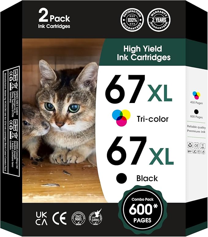 67XL Ink Cartridges Black Color Combo Pack Replacement for Ink 67 67XL 67XXL DeskJet 2755e 2755 2700e 2700 2734e 4155e Envy 6055e 6400 6000 Envy Pro 6458 Printer(1 Black and 1 Color)-DeskLoop Office