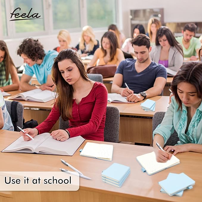 feela 6 Pack Pocket Small Notebooks Bulk, Mini Cute Memo Notepads Hardcover College Ruled Lined Journals with Pen Holder for Women Girls Office School, with 6 Black Pens, 3.5”x 5.5”, A6, Light Blue-DeskLoop Office