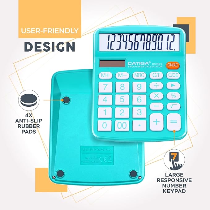 CATIGA Desktop Calculator (2 Pack) 12 Digit with Large LCD Display and Sensitive Button, Solar and Battery Dual Power, Standard Function for Office, Home, School, CD-2786 (Light Blue/Light Pink)-DeskLoop Office