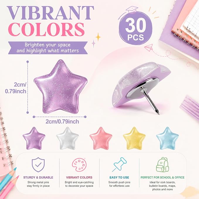 Epakh 30 Pcs Glitter Star Thumb Tacks Decorative Glitter Star Push Pins - Image 2