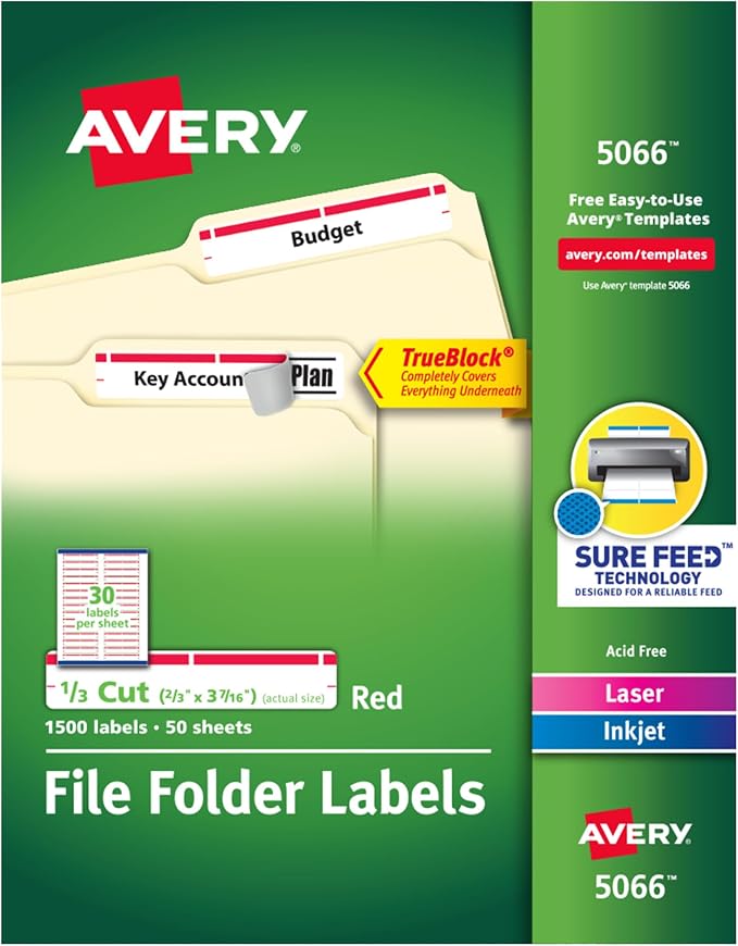 Avery TrueBlock File Folder Labels, 2/3" x 3-7/16", 500 Printable Labels by Avery