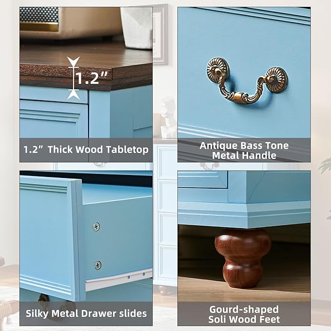 Farmhouse 4 Drawer Dresser Set of 2 for Bedroom, 37" Tall Rustic Chests of Drawers w/ 4 Solid Wood Feet, Mid Century Vintage Wooden Closet Storage Dressers Organizer for Living Room,Light Blue-DeskLoop Office