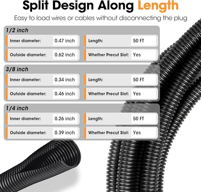 Wire Loom 1/4", 3/8 Inch x 50 FT, Split Wire Loom Tubing Wire Conduit, Cable - Image 3