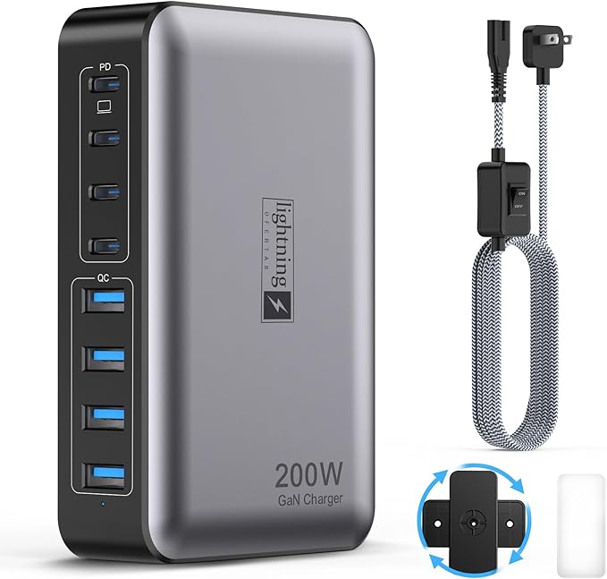 USB C Fast Charger Block 200W, 8 Ports Charging Station for iPhone/Ipad/MacBook, 4C4A GaN Charger Box, Flat Plug Multi Chargers for All Devices 5ft Braided Power Cord with On/Off Switch-DeskLoop Office