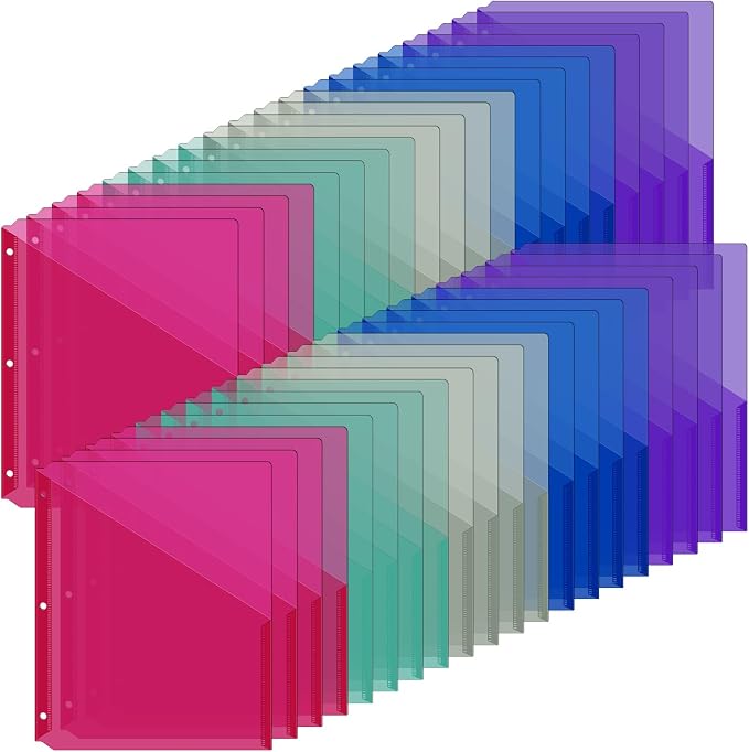Maitys 50 Pack Binder Pockets 3 Hole Punch Clear Plastic Document Folders by Maitys