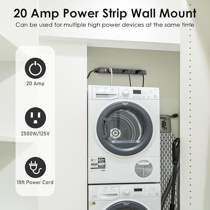 JUNNUJ 20 Amp Power Strip Heavy Duty 2 Pack, 4800J Surge Protector Metal Power Bar Multi Angle Mount, 20A Garage 8 Outlet Shop 6-20R T-Slot, 5-15P Adapter 12 Gauge Extension Cord 15 ft for Appliance-DeskLoop Office