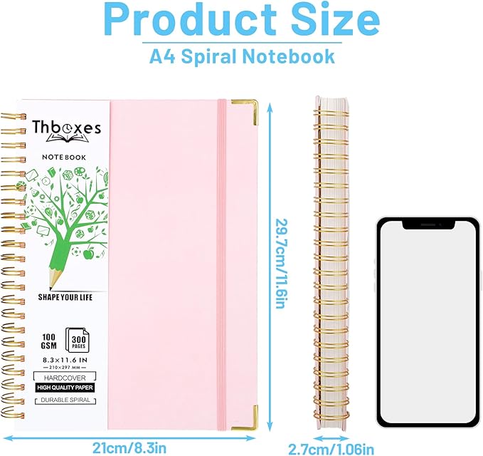 Spiral Notebook 8.3” x 11.6”, 300 Pages/150 Sheets Pink Notebook College Ruled A4 Spiral Notebook Journaling Notebook with Index Sticker, Back Pocket, Elastic Band for Work Business School Note Taking-DeskLoop Office