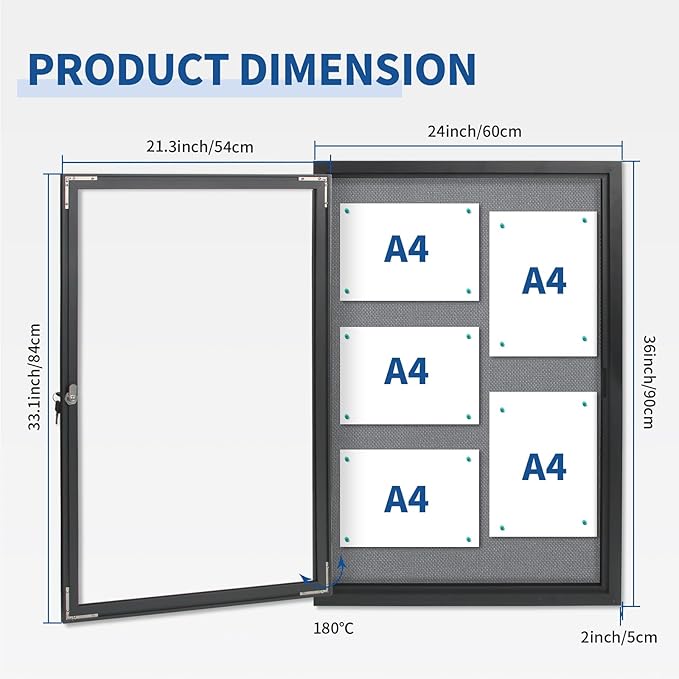 Outdoor Weatherproof Enclosed Fabric Bulletin Board,Noticeboard Case with Lockable Glass Door, Grey Felt,Black Aluminum Frame, 36x24 Inch (5xA4)-DeskLoop Office
